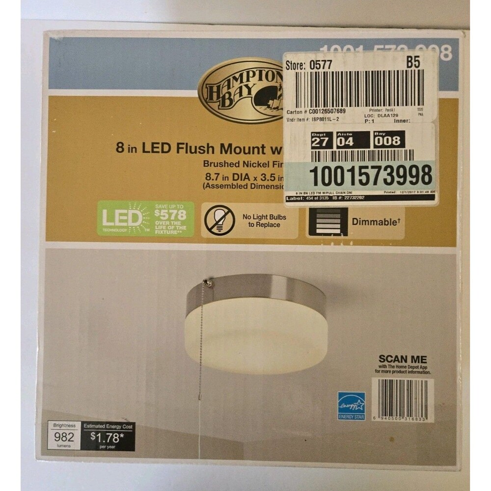 Hampton Bay 8" LED Flush Mount Light  Pull Switch Brushed Nickel Finish New Open